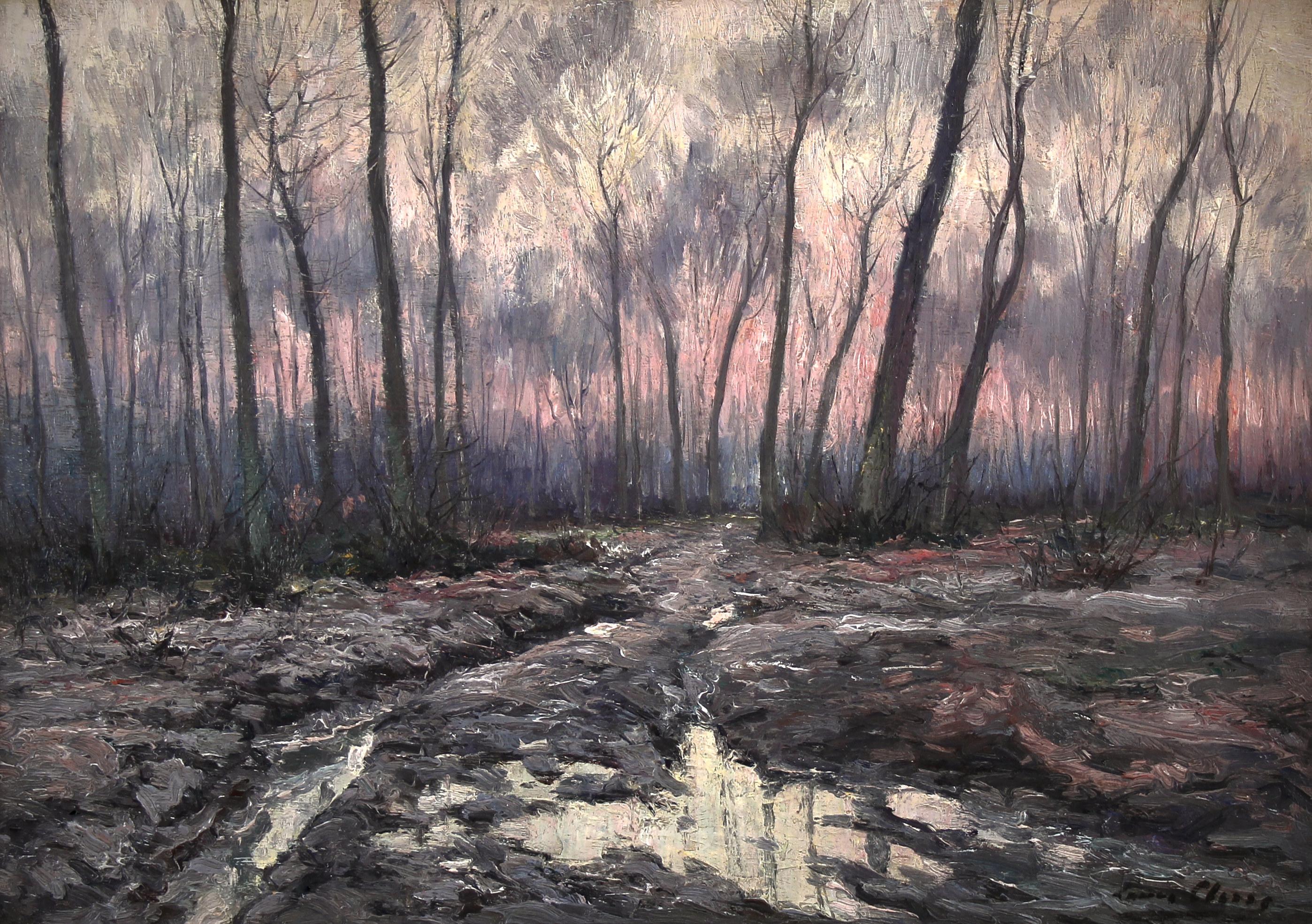 Paisaje invernal de bosque óleo sobre lienzo de Louis Clesse s. XX en venta 1
