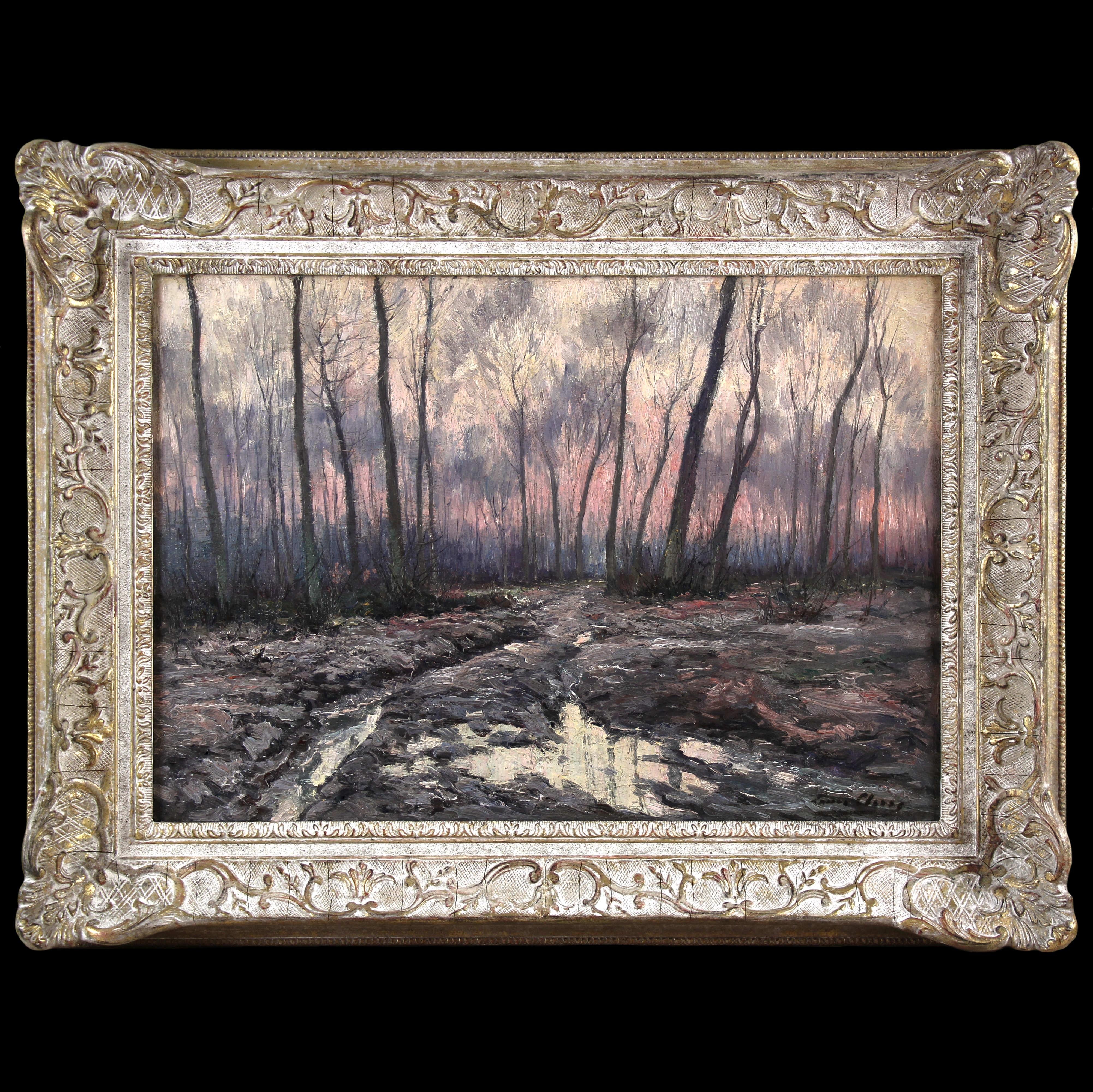 Paisaje invernal de bosque óleo sobre lienzo de Louis Clesse s. XX en venta 3
