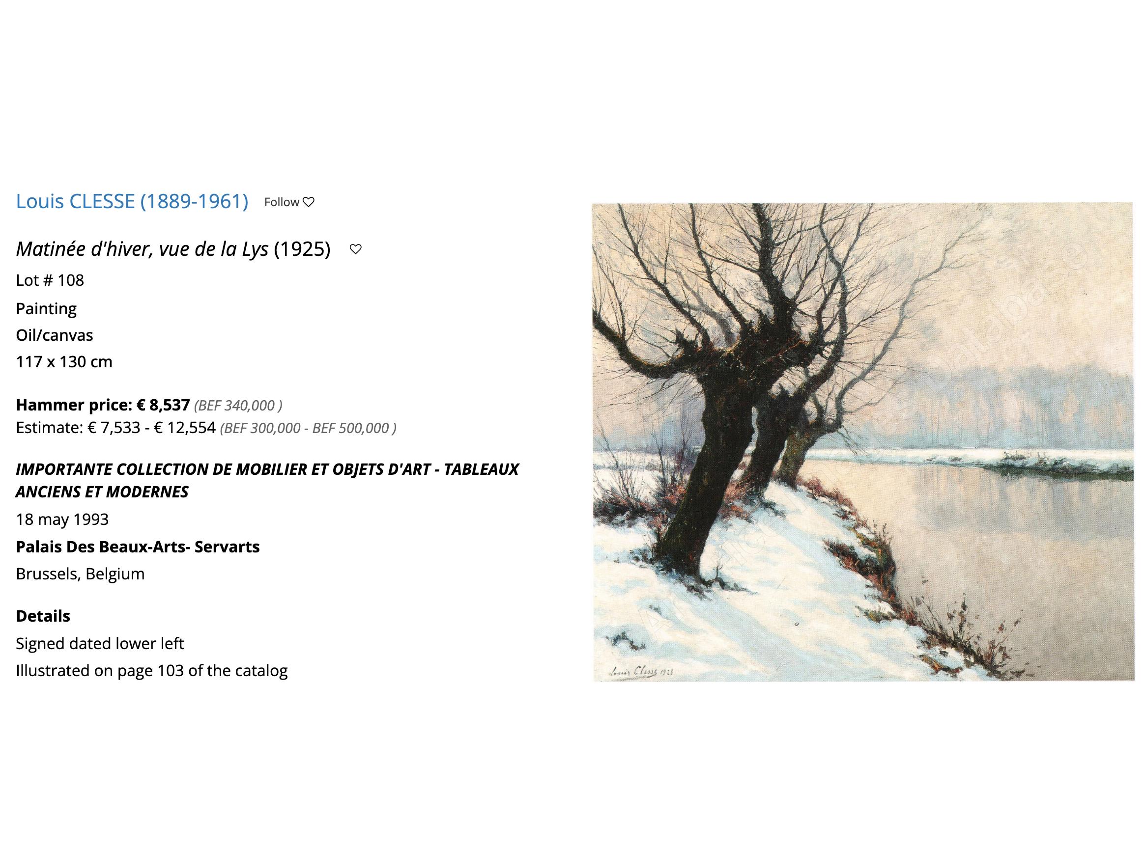 Paisaje invernal de bosque óleo sobre lienzo de Louis Clesse s. XX en venta 5