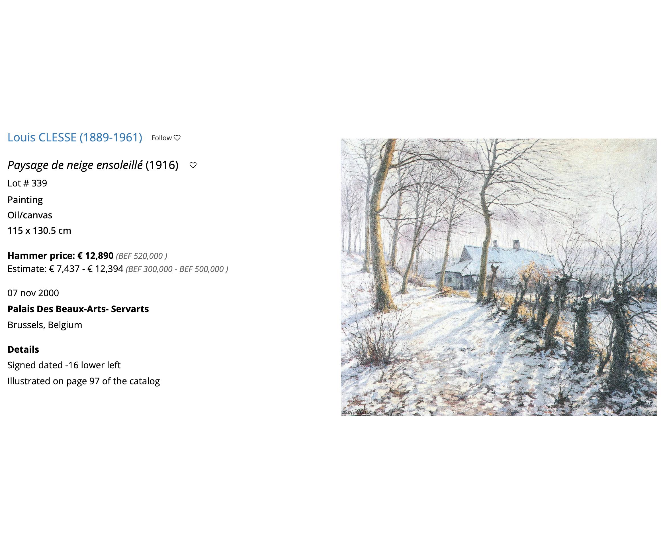Paisaje invernal de bosque óleo sobre lienzo de Louis Clesse s. XX en venta 6