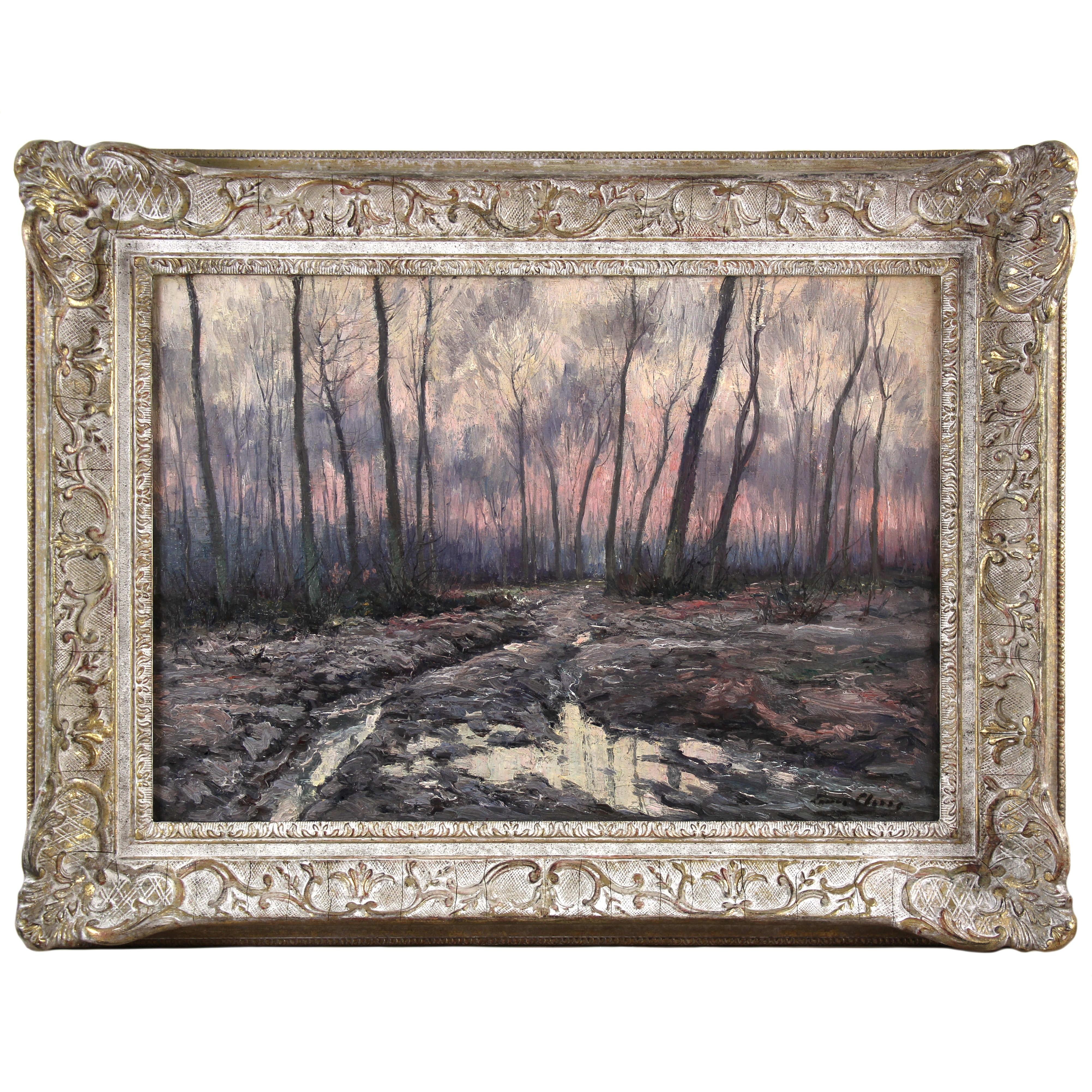 Wintertime forest landscape oil painting on canvas by Louis Clesse 20Th c.