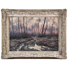 Wintertime forest landscape oil painting on canvas by Louis Clesse 20Th c.