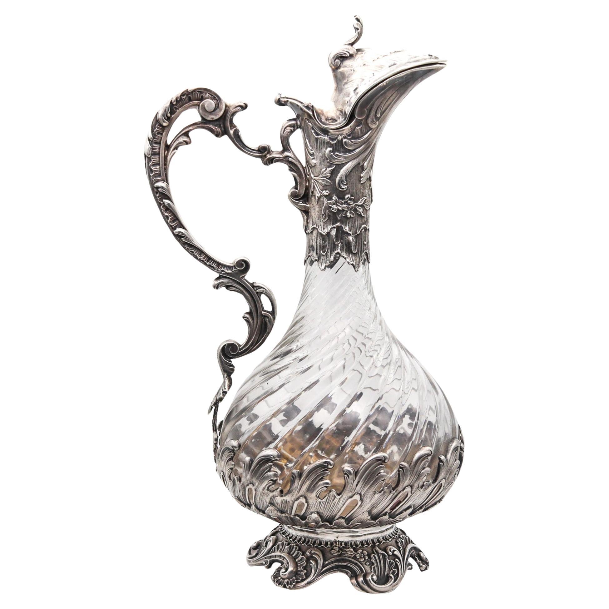 Louis Coignet 1895 Paris French Wine Crystal Ewer Pitcher In 950 Sterling Silver For Sale