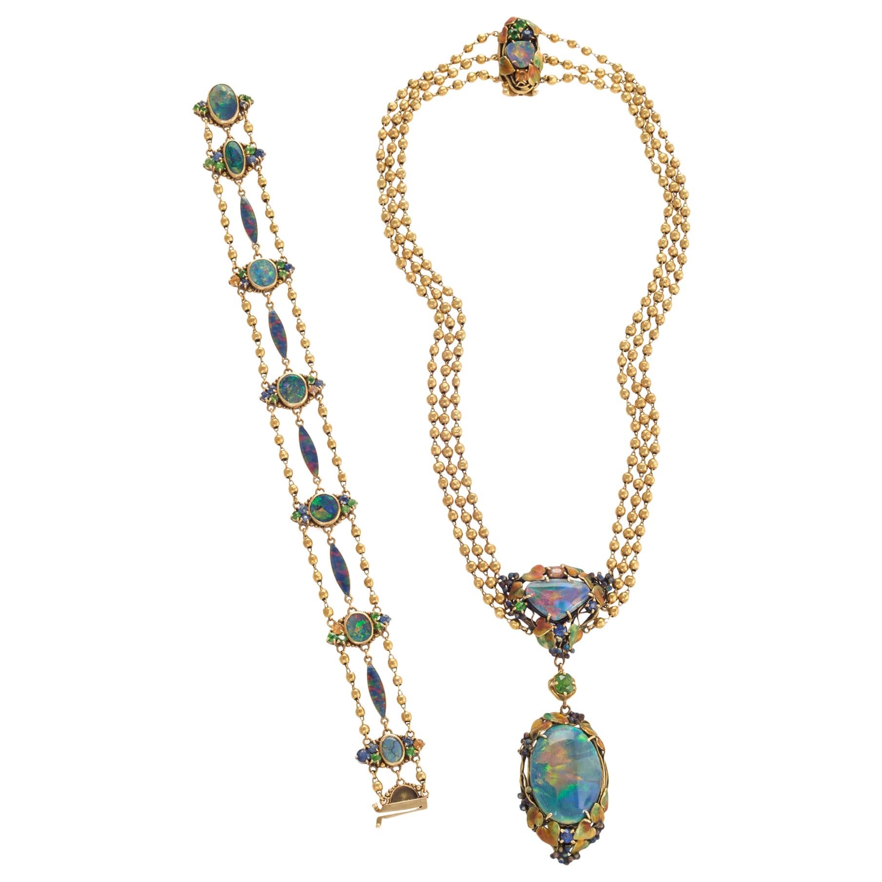 Louis Comfort Tiffany Black Opal and Enamel Necklace and Bracelet Set