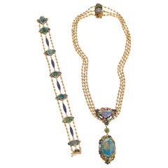 Used Louis Comfort Tiffany Black Opal and Enamel Necklace and Bracelet Set