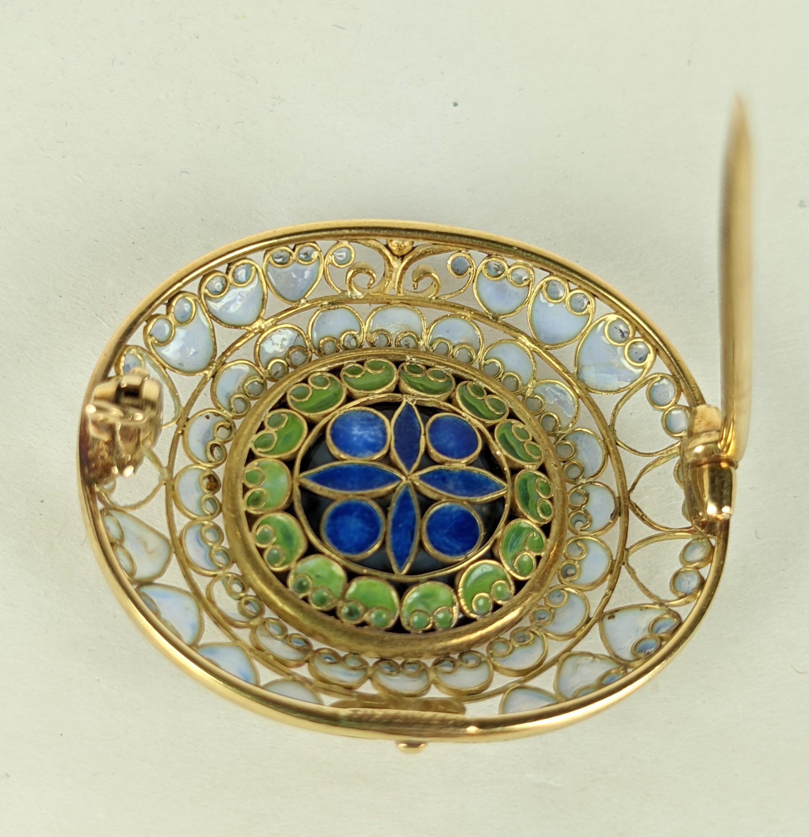 Art Nouveau Louis Comfort Tiffany Black Opal and Plique a Jour Brooch For Sale