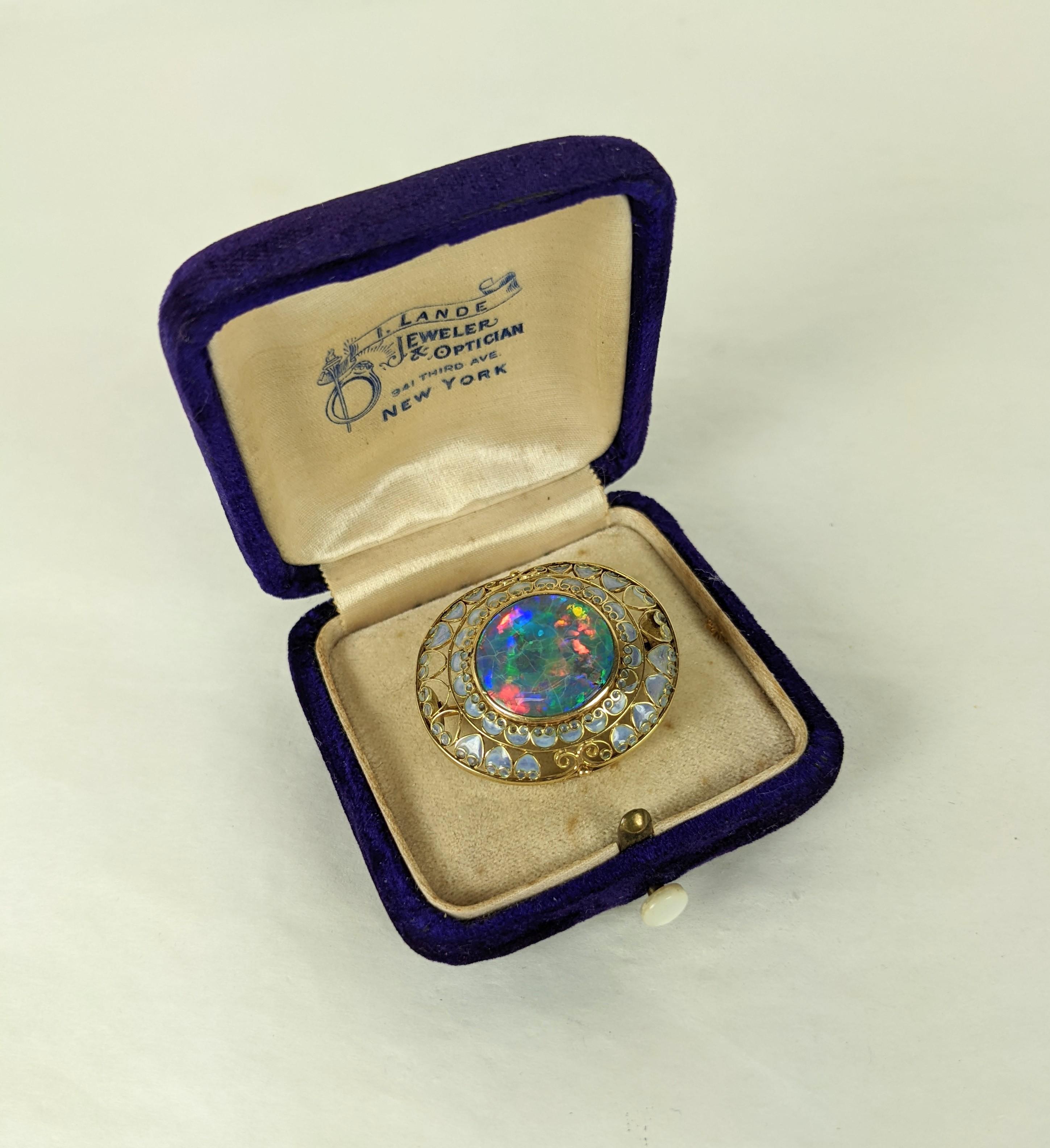 Louis Comfort Tiffany Black Opal and Plique a Jour Brooch In Good Condition For Sale In Riverdale, NY