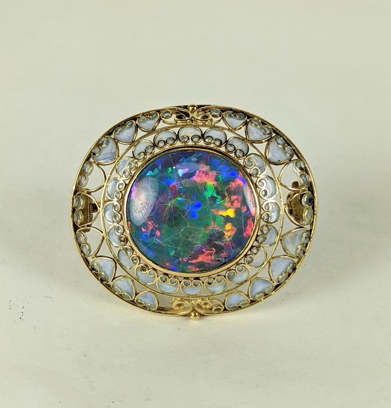 Louis Comfort Tiffany Black Opal and Plique a Jour Brooch For Sale 3
