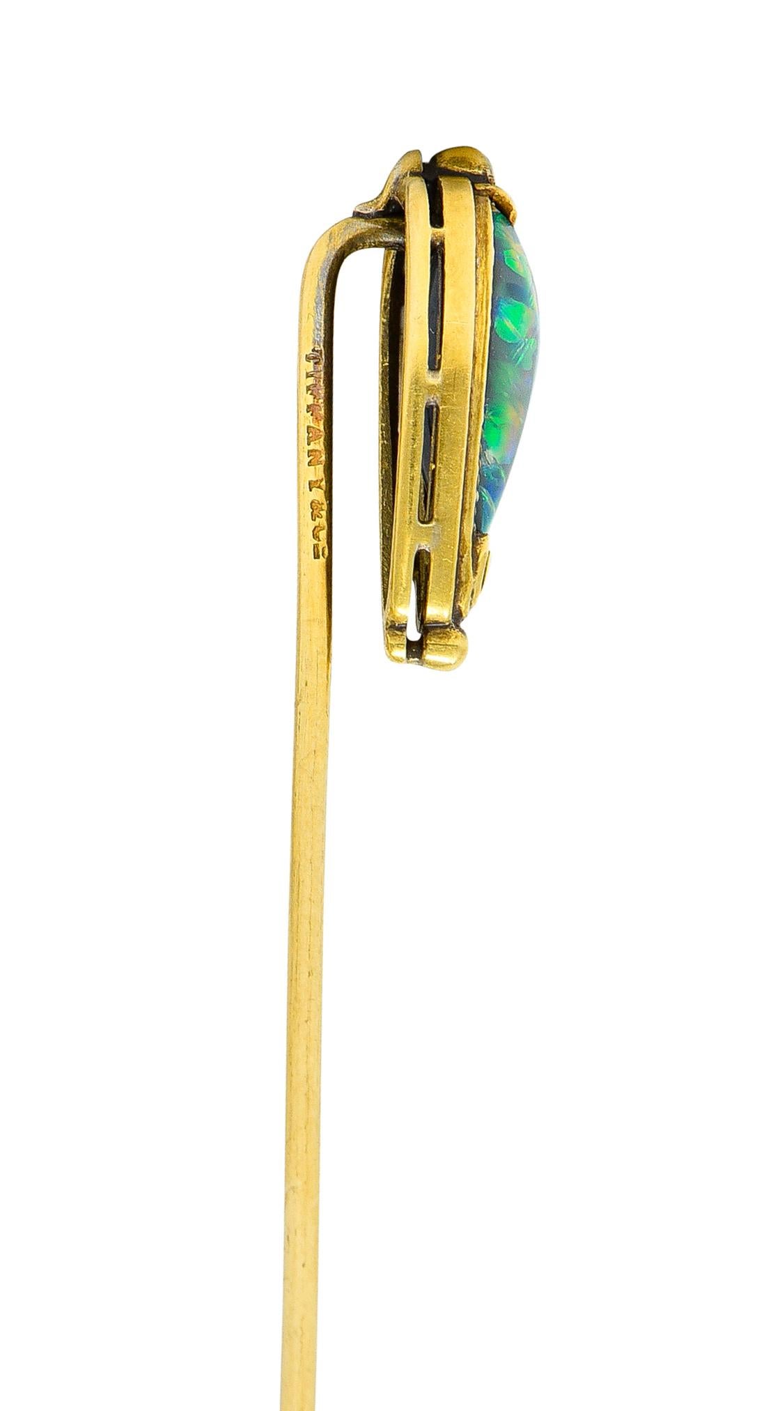 Pear Cut Louis Comfort Tiffany Black Opal Cabochon 18 Karat Gold Antique Stickpin