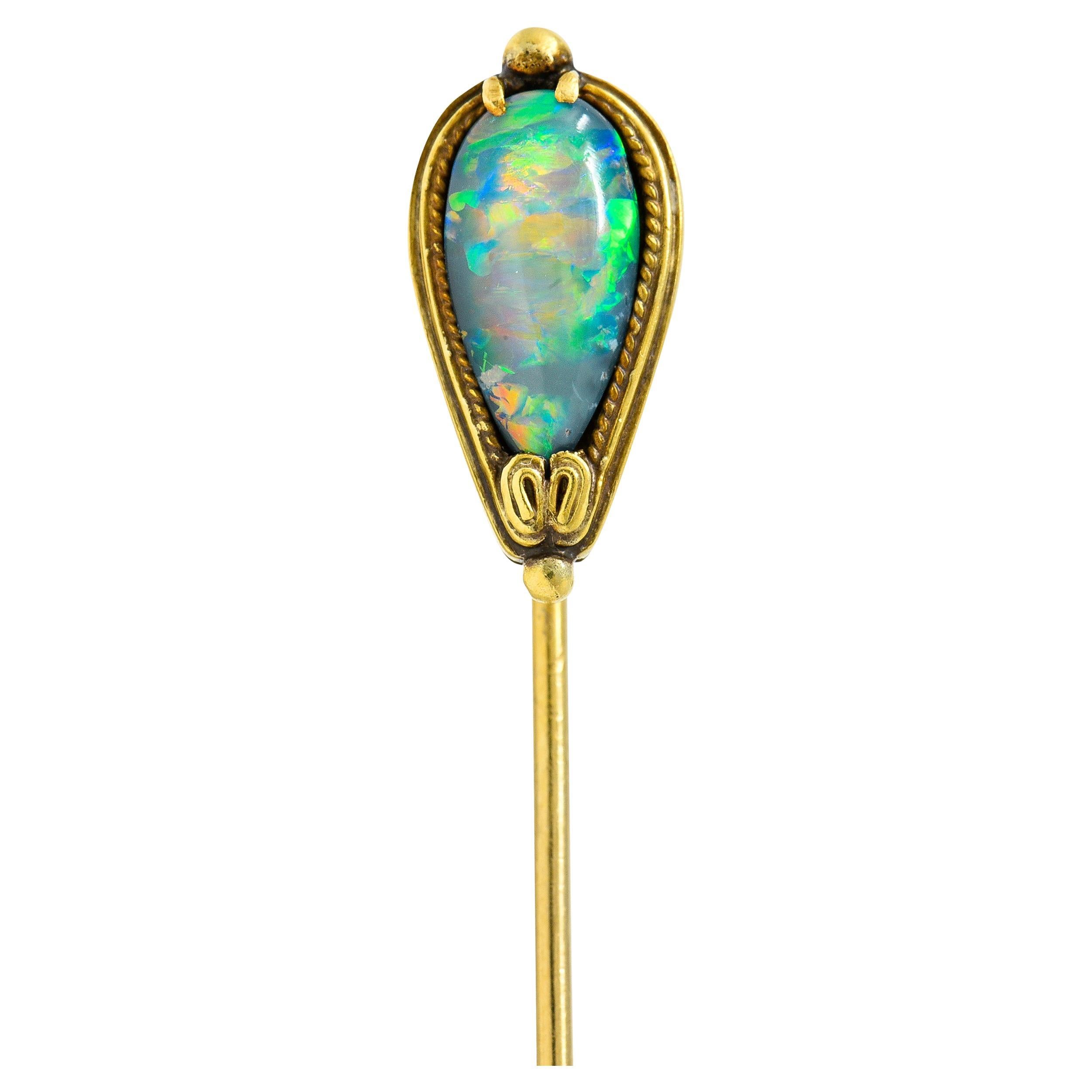 Louis Comfort Tiffany Black Opal Cabochon 18 Karat Gold Antique Stickpin In Excellent Condition For Sale In Philadelphia, PA