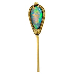 Tiffany: 18 Karat Gold antike Anstecknadel mit schwarzem Opal-Cabochon, Tiffany Comfort