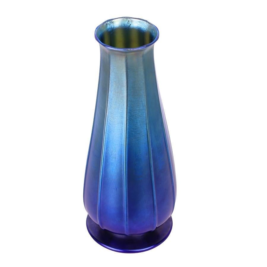 Art Nouveau Louis Comfort Tiffany Blue Favrile Art Glass Vase LCT Rare Color 1913