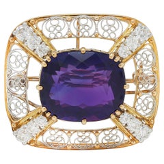 Louis Comfort Tiffany & Co. Amethyst Diamond Platinum 14K Gold Antique Brooch