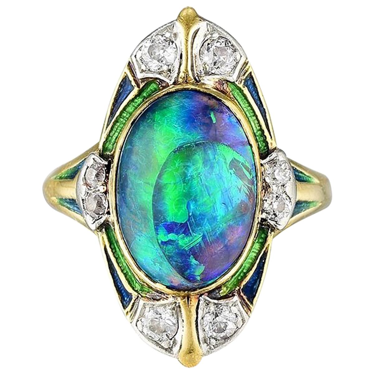 Louis Comfort Tiffany & Co. Schwarzer Opal-:: Diamant- und Emaille-Ring