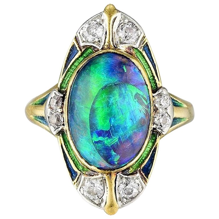 Louis Comfort Tiffany and Co. Black Opal, Diamond and Enamel Ring