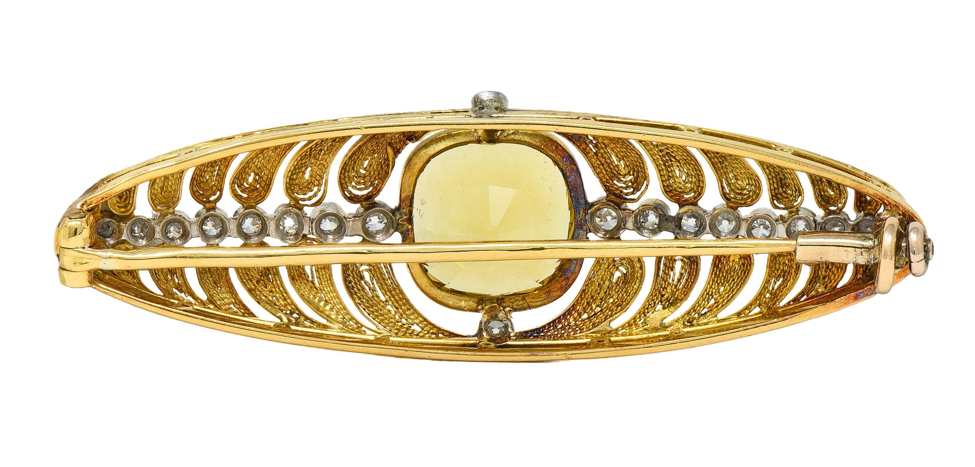 Taglio cuscino Louis Comfort Tiffany & Co. Spilla antica in oro 18 carati con diamante citrino e platino in vendita