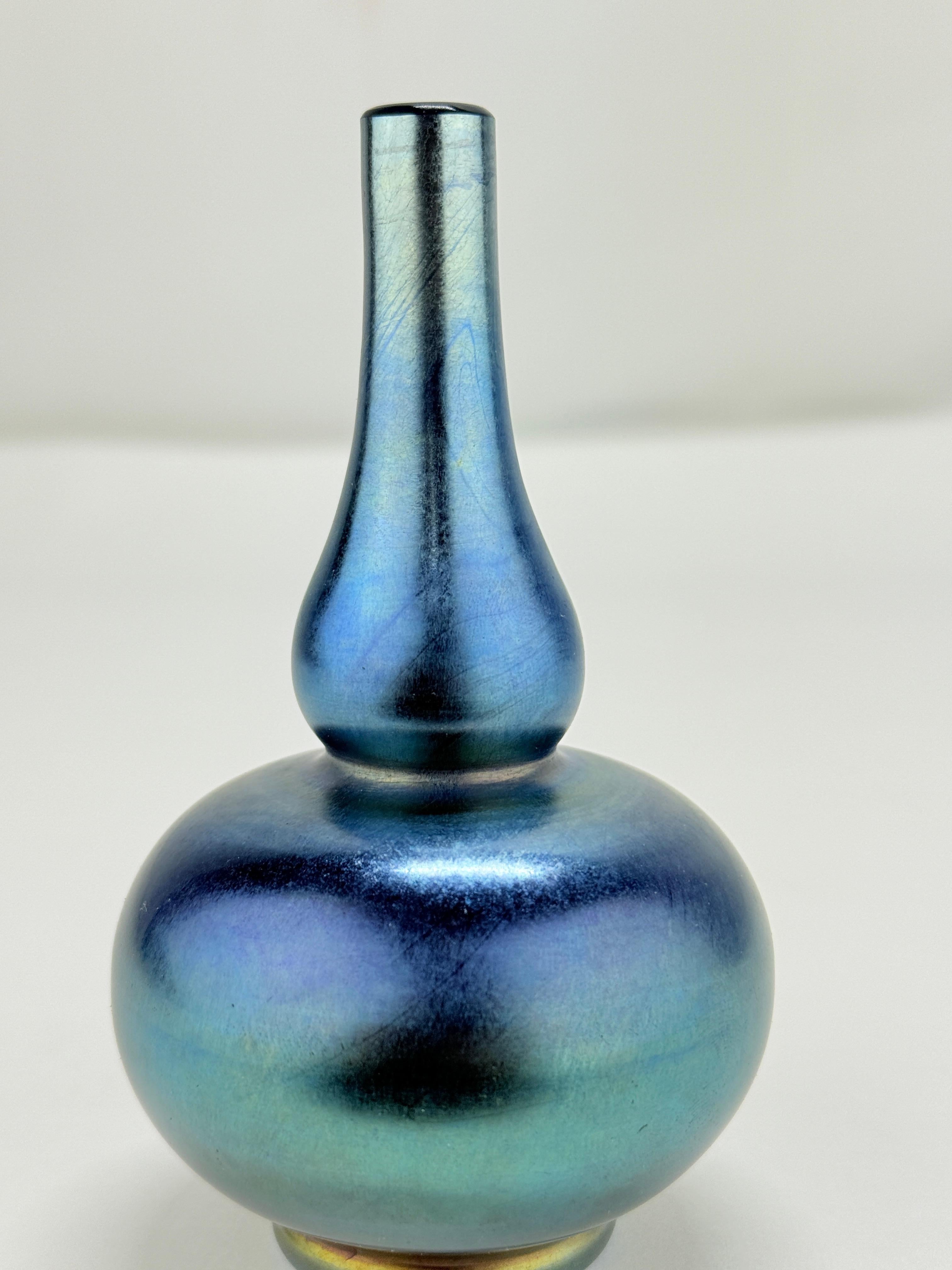 Art Nouveau Louis Comfort Tiffany Favrile Glass Vase #1055 LCT Peacock Blue Vase C. 1900 For Sale