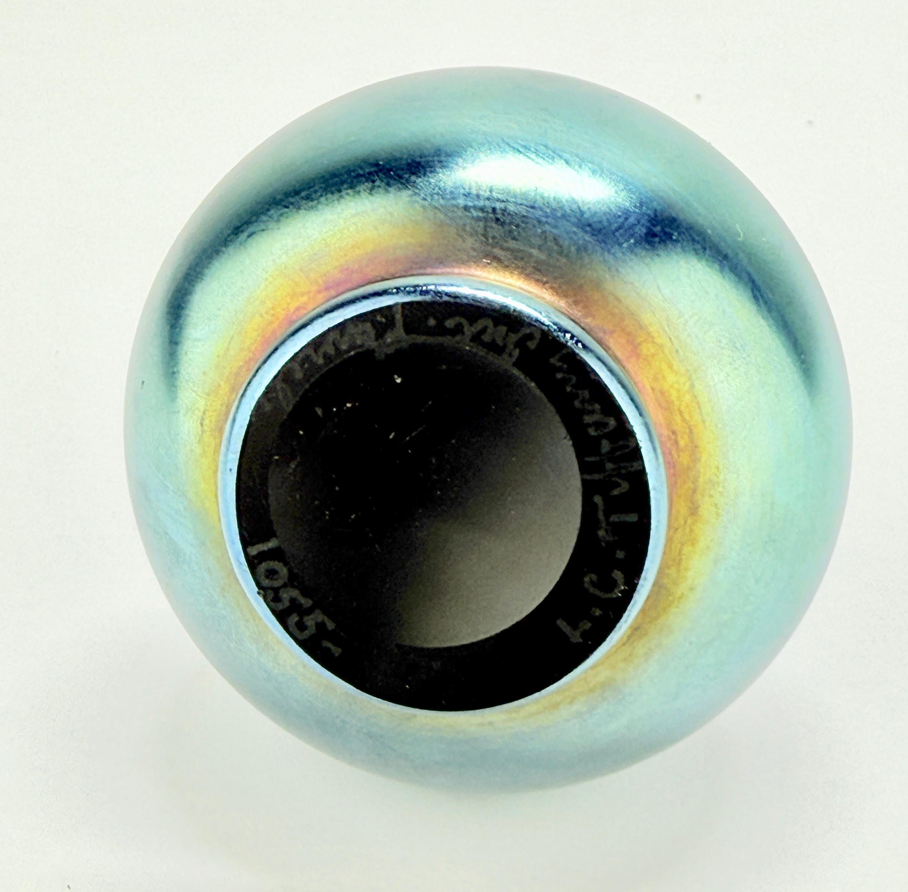 Louis Comfort Tiffany Favrile Glass Vase #1055 LCT Peacock Blue Vase C. 1900 For Sale 1