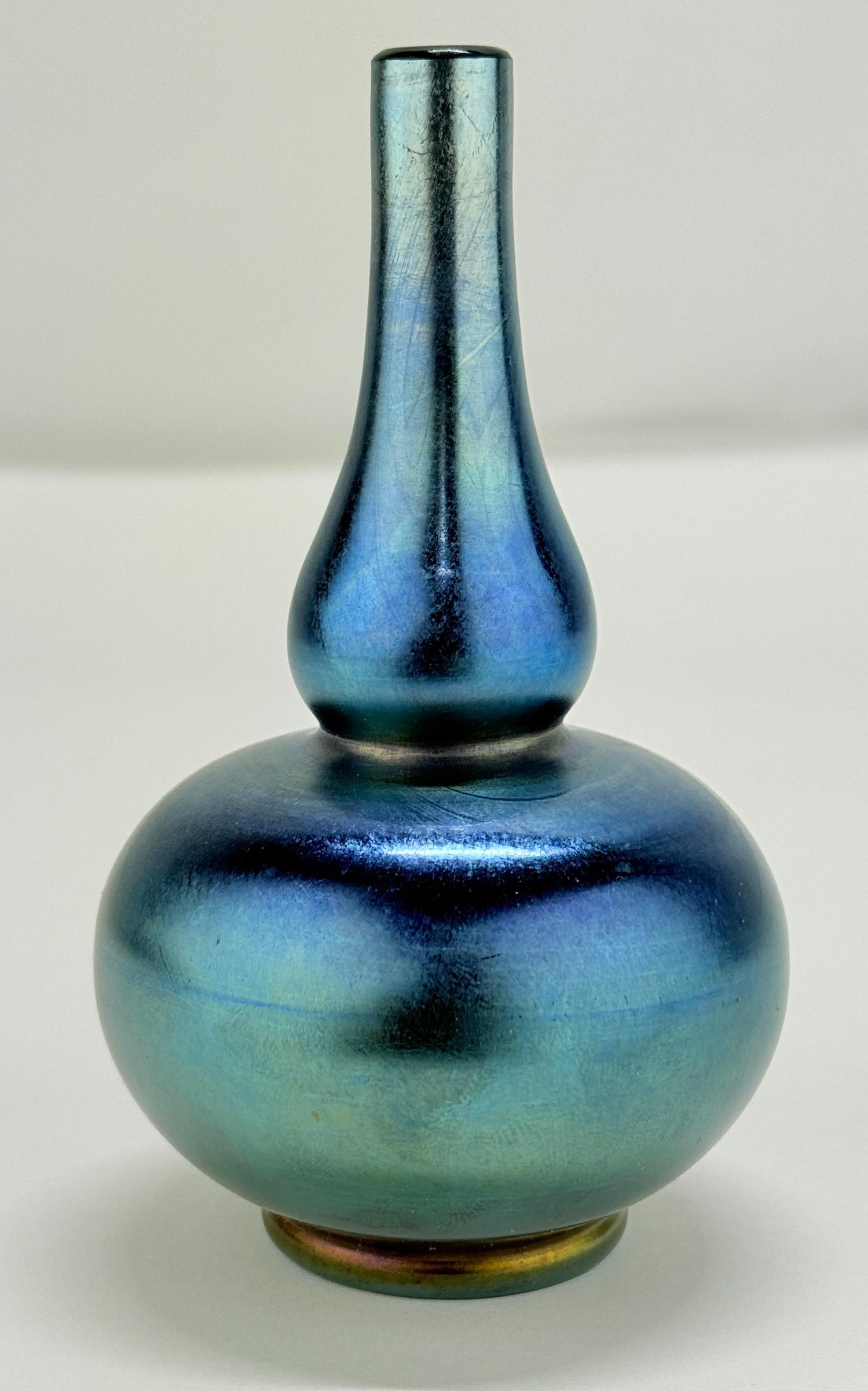 Louis Comfort Tiffany Favrile Glass Vase #1055 LCT Peacock Blue Vase C. 1900 For Sale