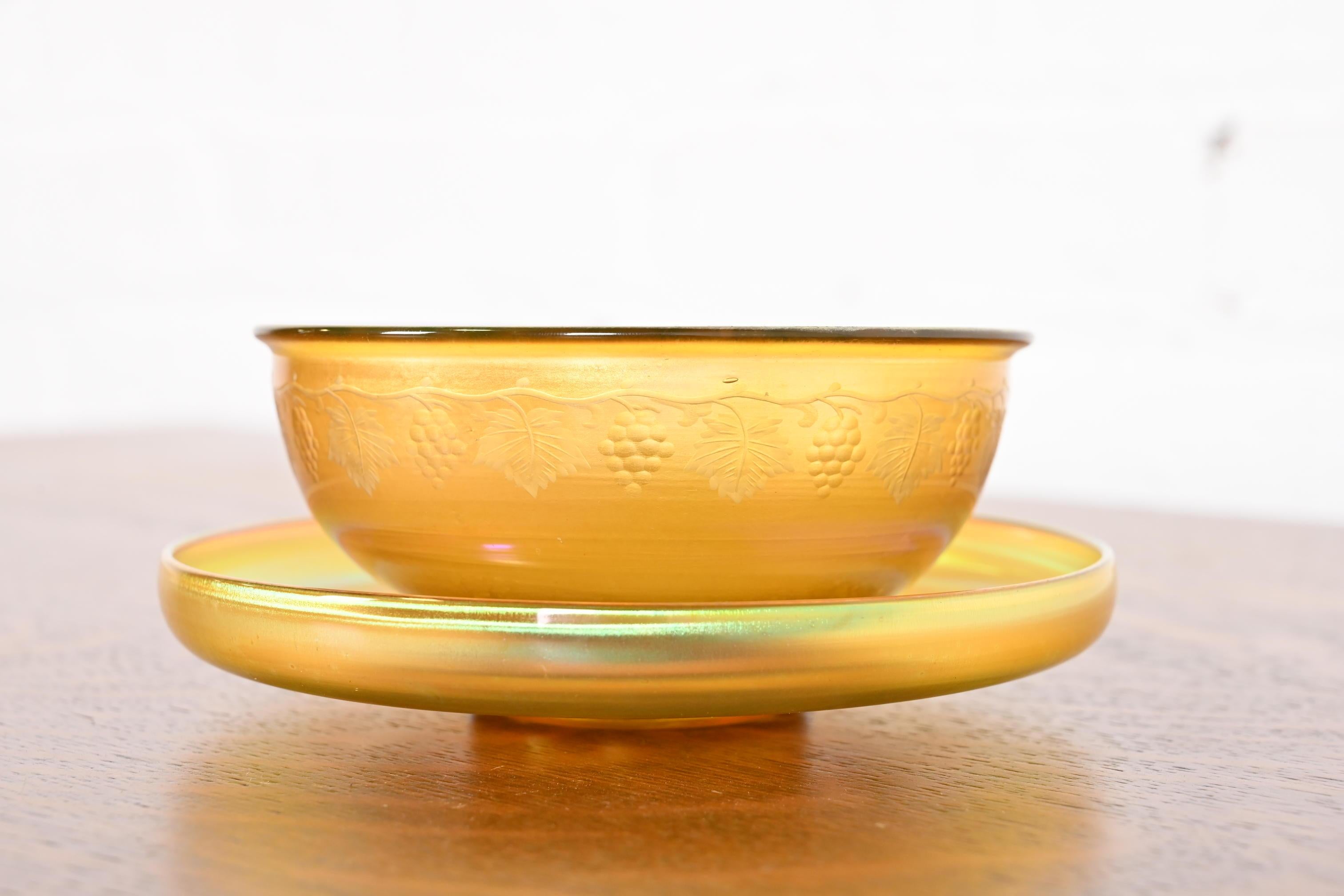 Arts and Crafts Louis Comfort Tiffany Favrile Iridescent Art Glass Bowl and Underplate For Sale