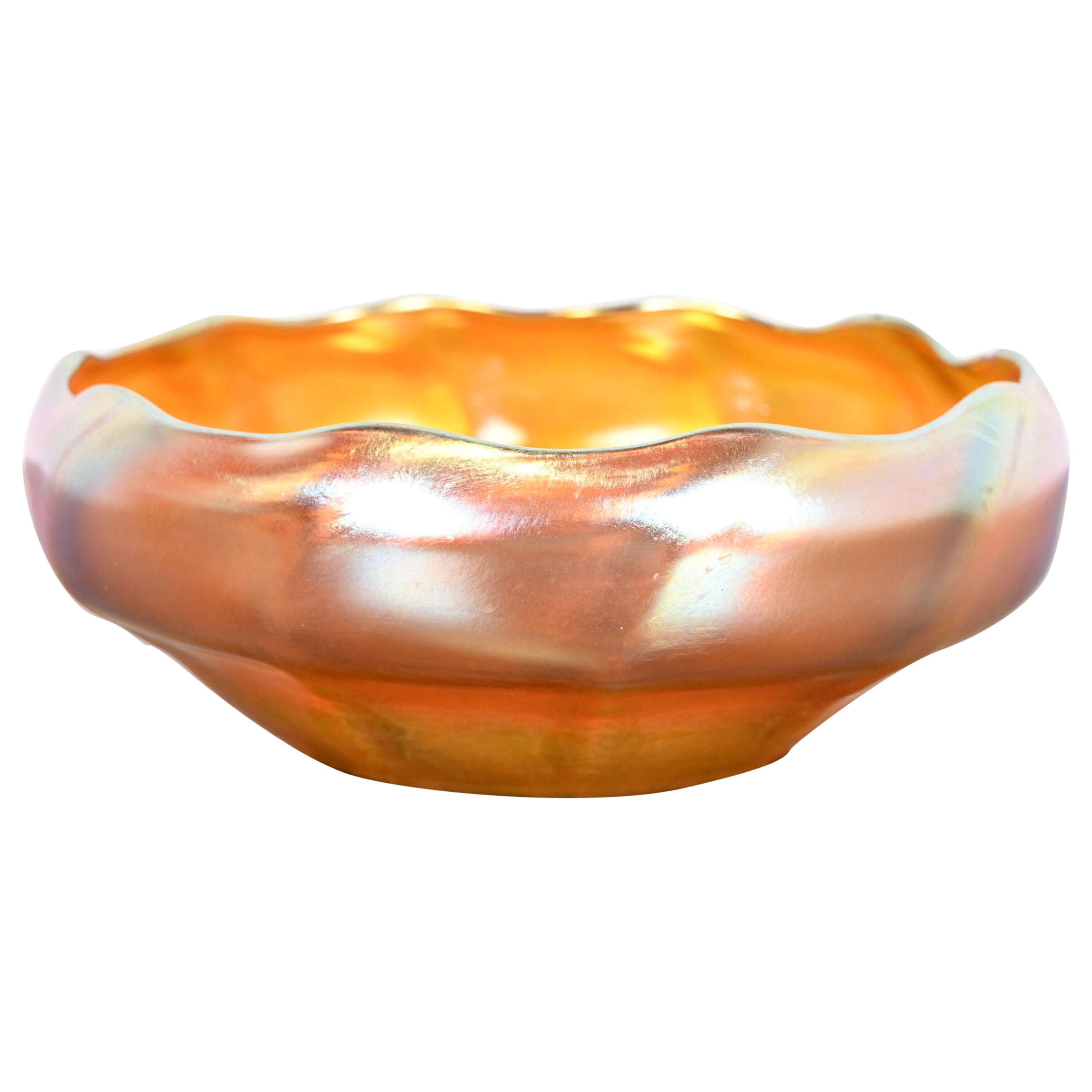 Louis Comfort Tiffany Favrile Iridescent Art Glass Bowl With Scalloped Edge