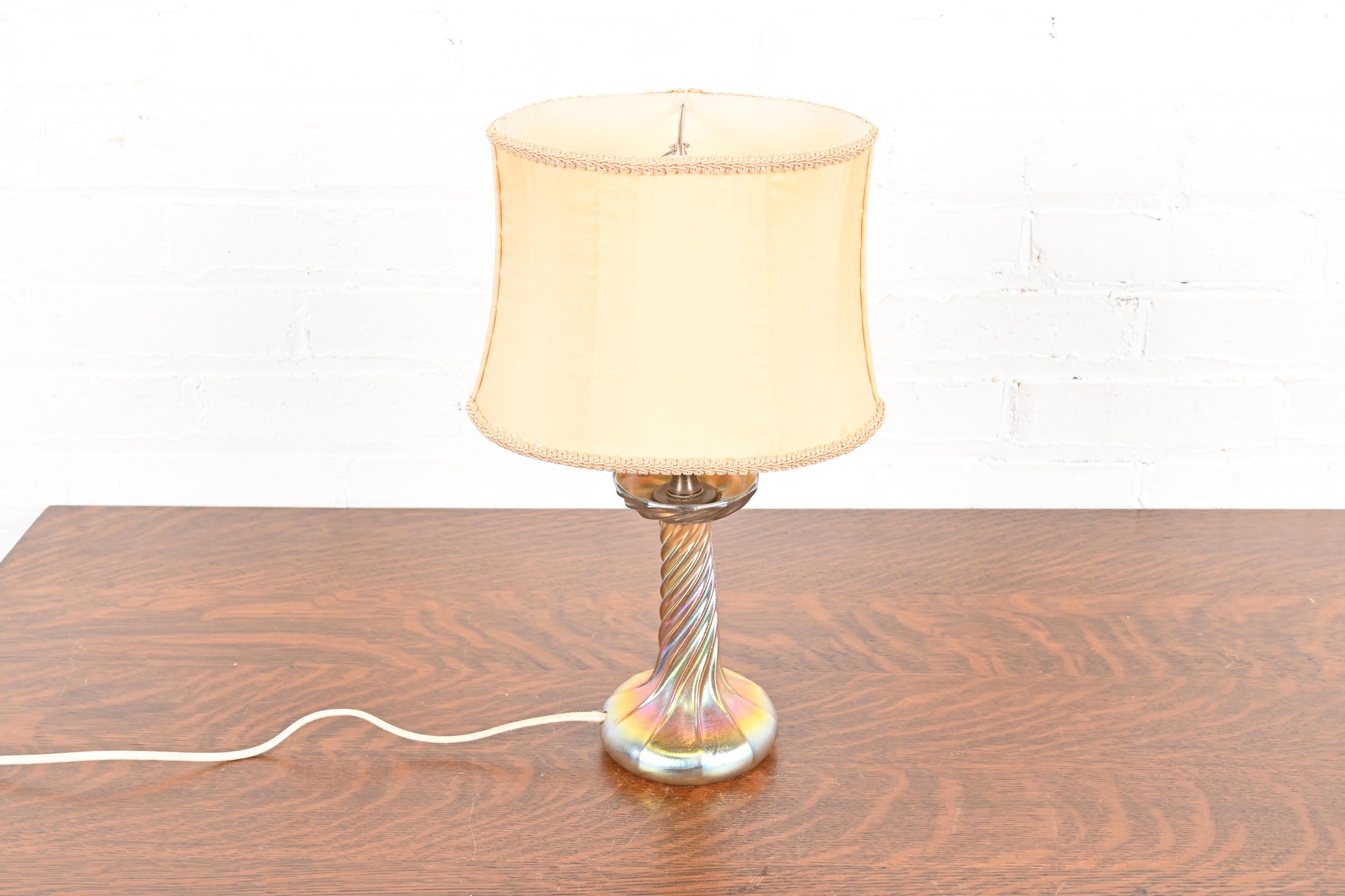 Arts and Crafts Louis Comfort Tiffany Favrile Iridescent Art Glass Candlestick Table Lamp For Sale