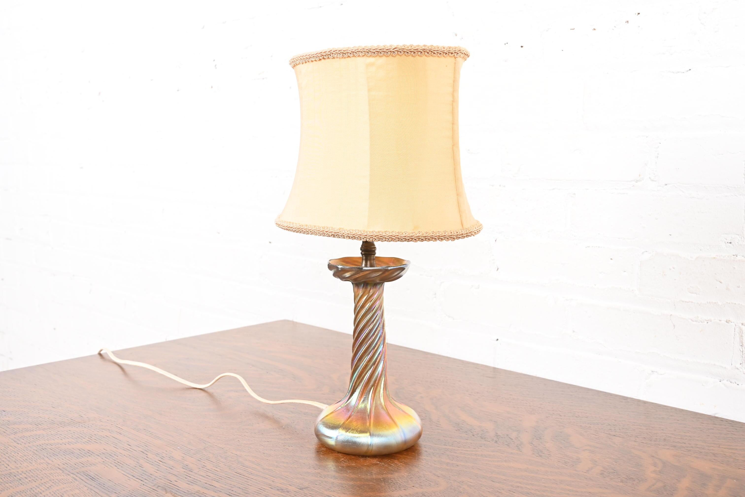 American Louis Comfort Tiffany Favrile Iridescent Art Glass Candlestick Table Lamp For Sale
