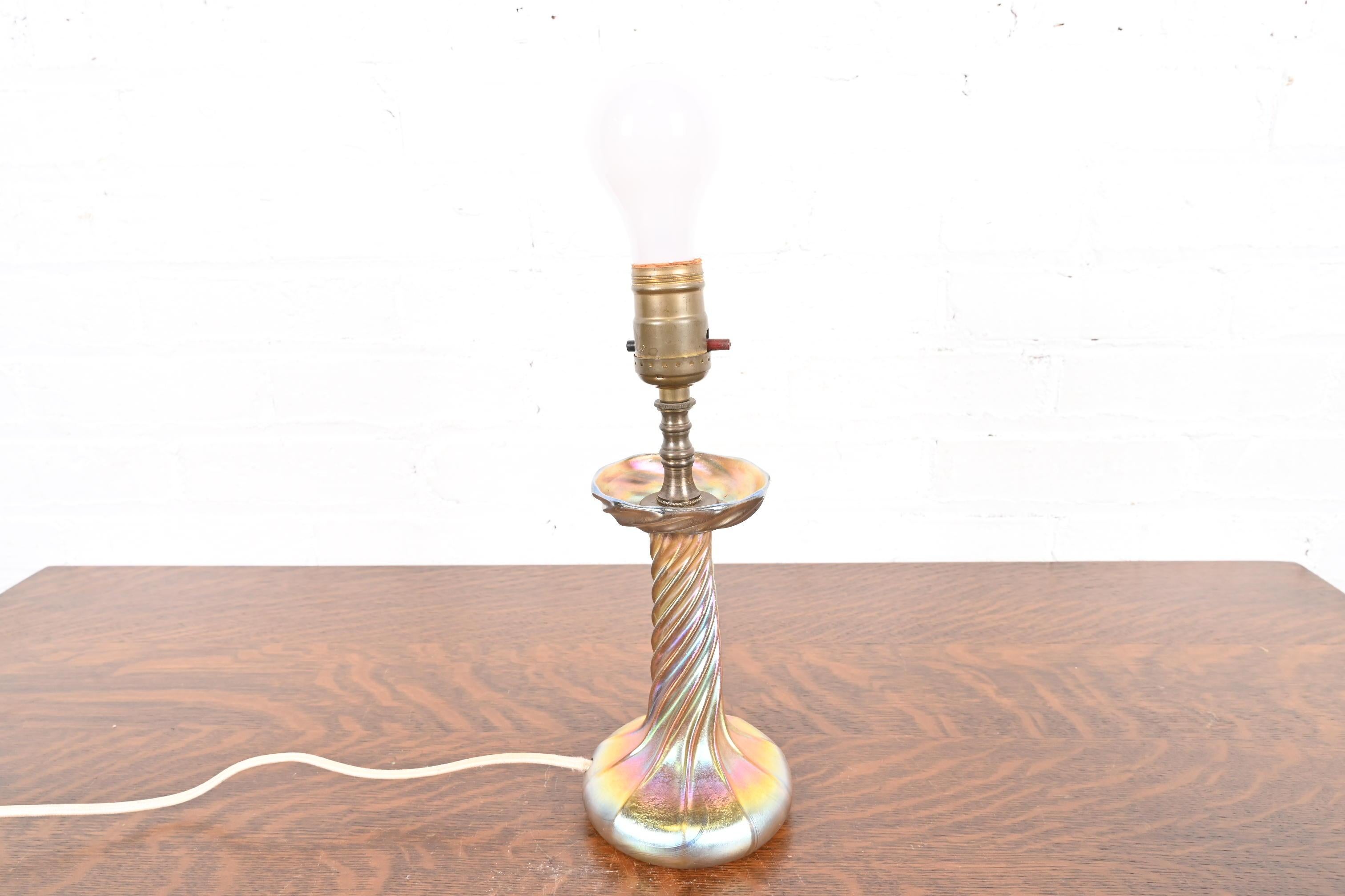 Louis Comfort Tiffany Favrile Iridescent Art Glass Candlestick Table Lamp For Sale 3