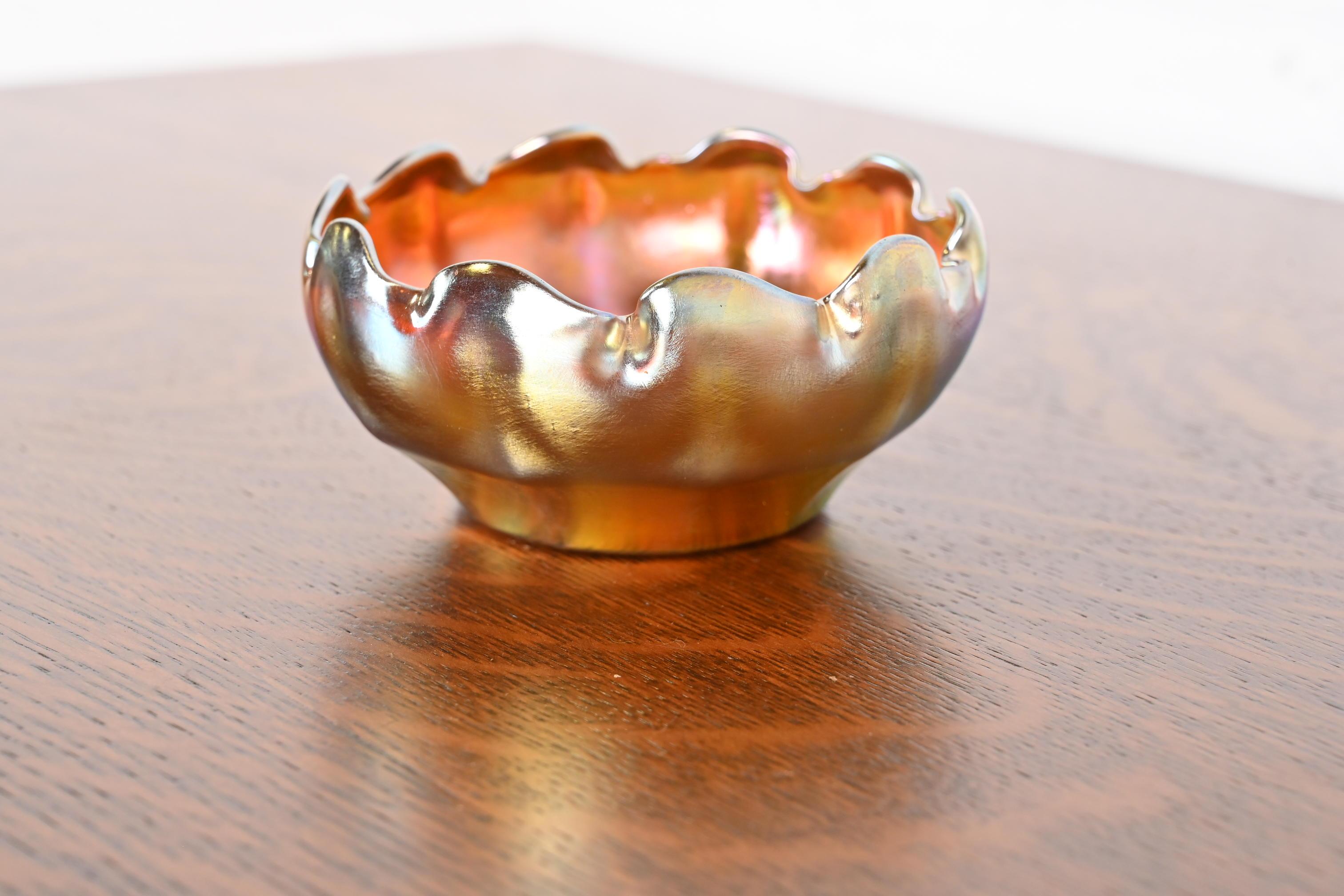 American Louis Comfort Tiffany Favrile Iridescent Art Glass Nut Bowl With Ruffled Edge