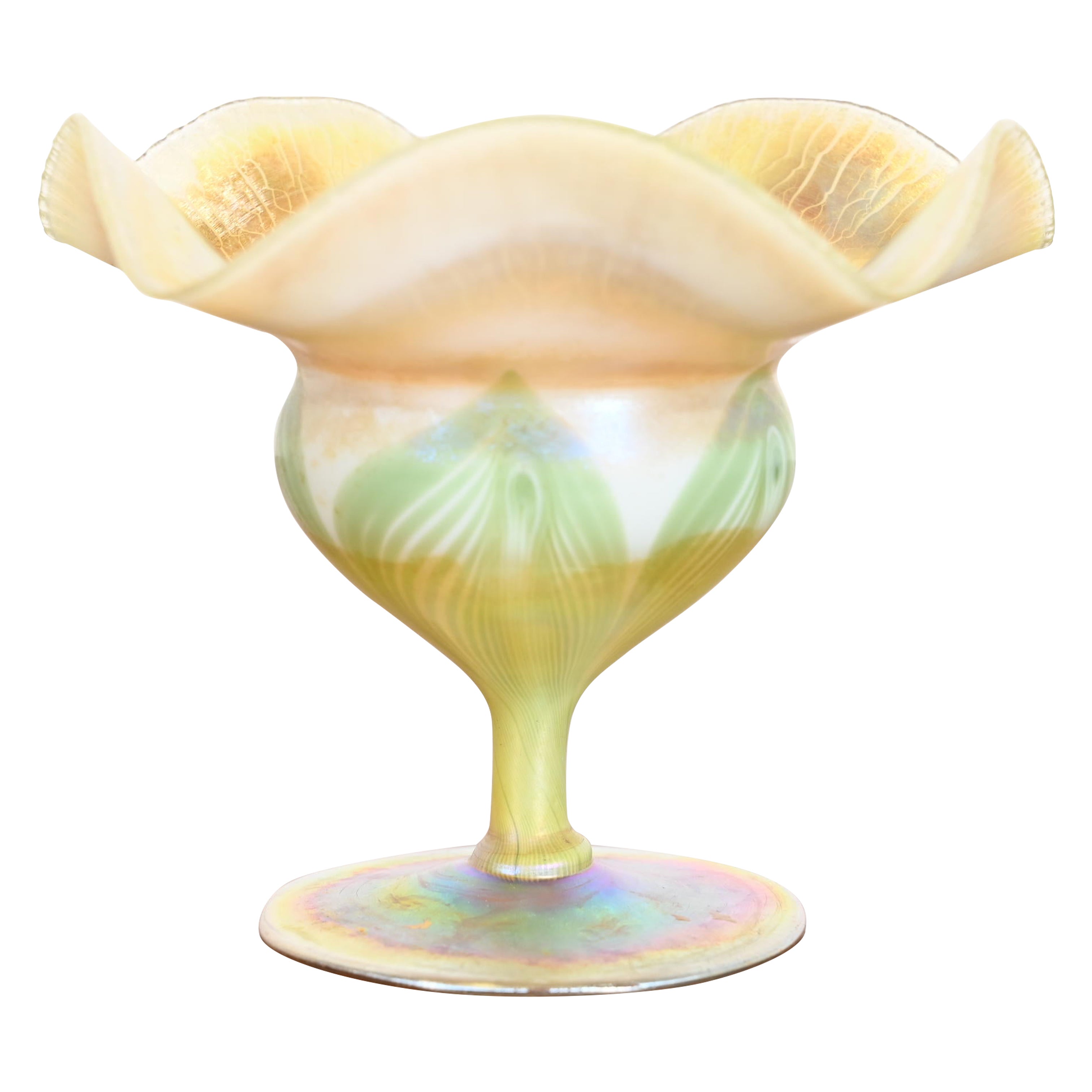 Louis Comfort Tiffany Favrile Iridescent Art Glass Pulled Feather Footed Bowl