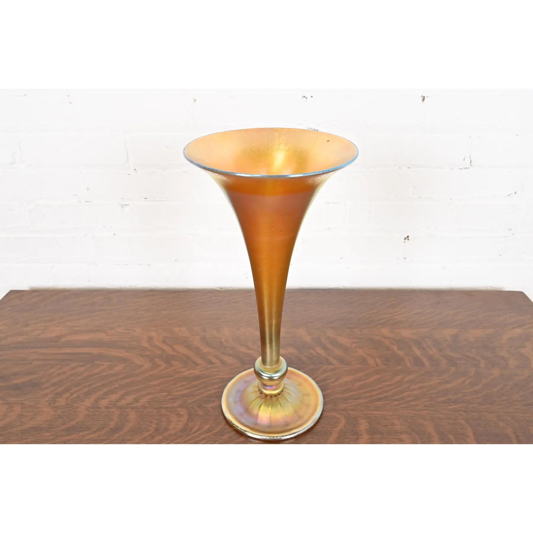 Arts and Crafts Louis Comfort Tiffany Favrile Iridescent Art Glass Tall Trumpet Vase For Sale