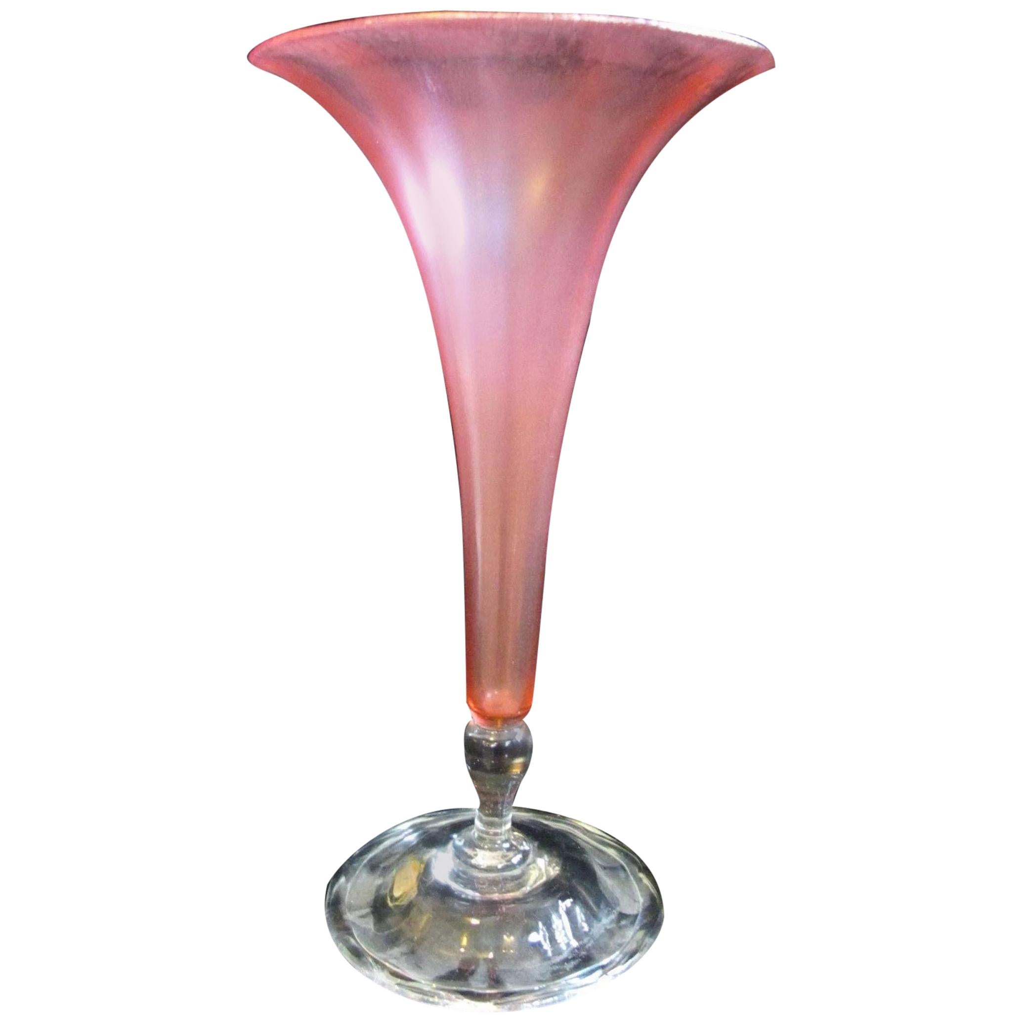 Louis Comfort Tiffany Favrile Trumpet Vase, 1885 Iridescent Pink, Marked For Sale