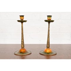 Louis Comfort Tiffany Furnaces Favrile Bronze and Enamel Candlesticks, Pair