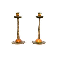 Louis Comfort Tiffany Furnaces Favrile Bronze and Enamel Candlesticks, Pair