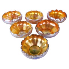 Antique Louis Comfort Tiffany Gold Favrile Art Glass "Fluted" Nut Bowl Set of 6, LCT