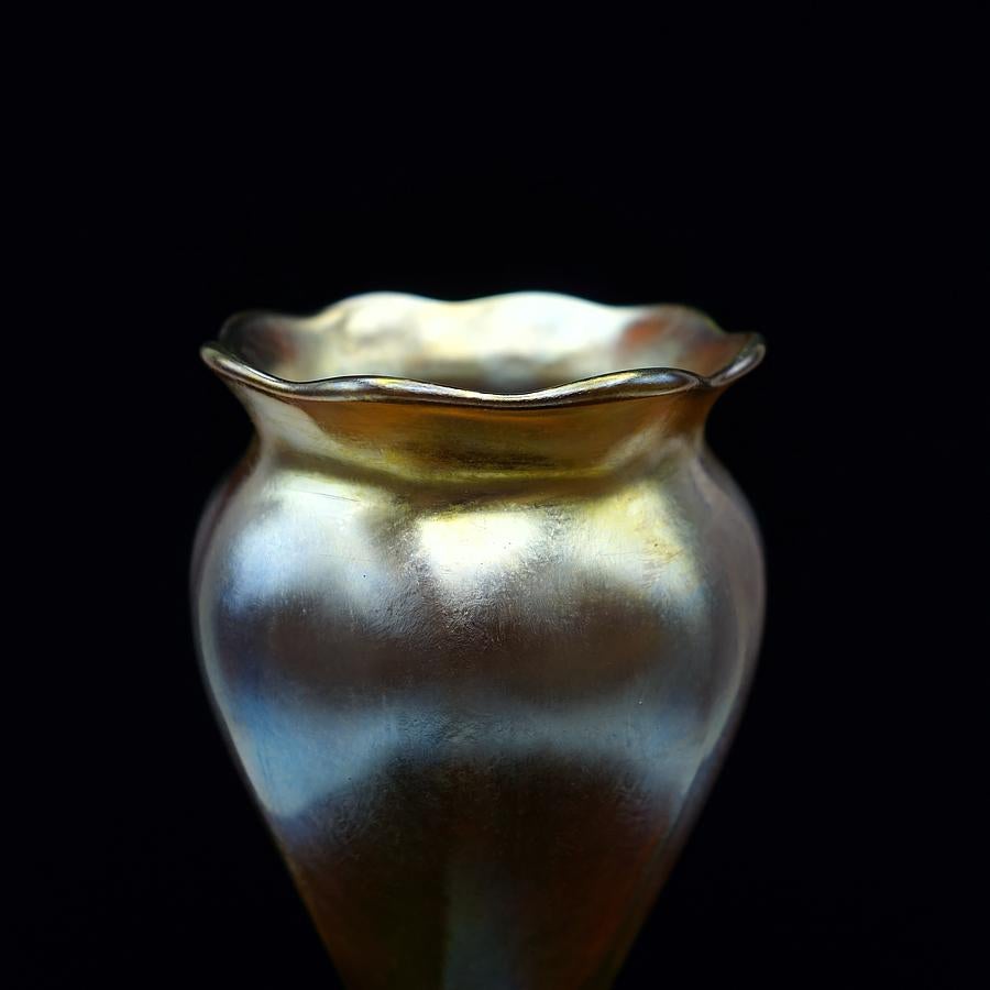 American Louis Comfort Tiffany Gold Favrile Art Glass Footed Floriform Vase, LCT,  1905