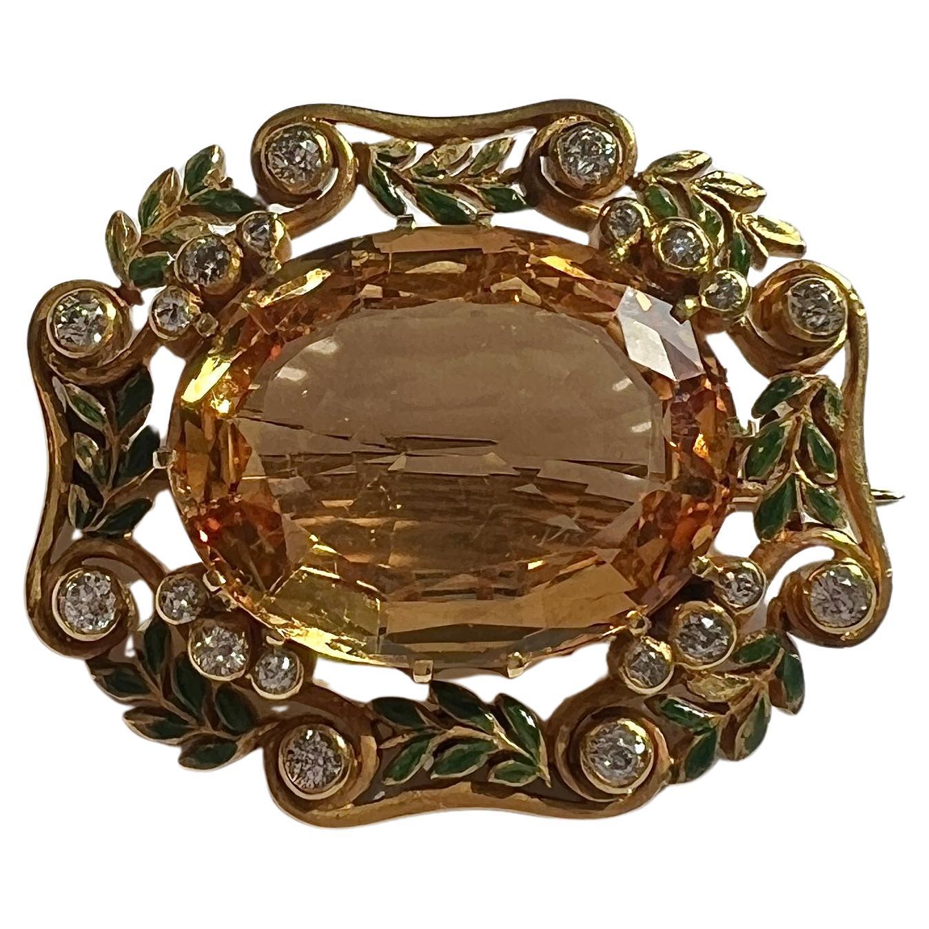 Louis Comfort Tiffany Gold Topaz Diamond Enamel Brooch