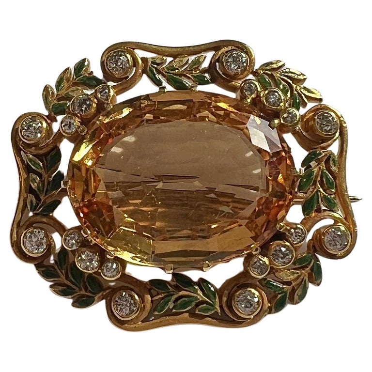 Louis Comfort Tiffany Gold Topaz Diamond Enamel Brooch For Sale at
