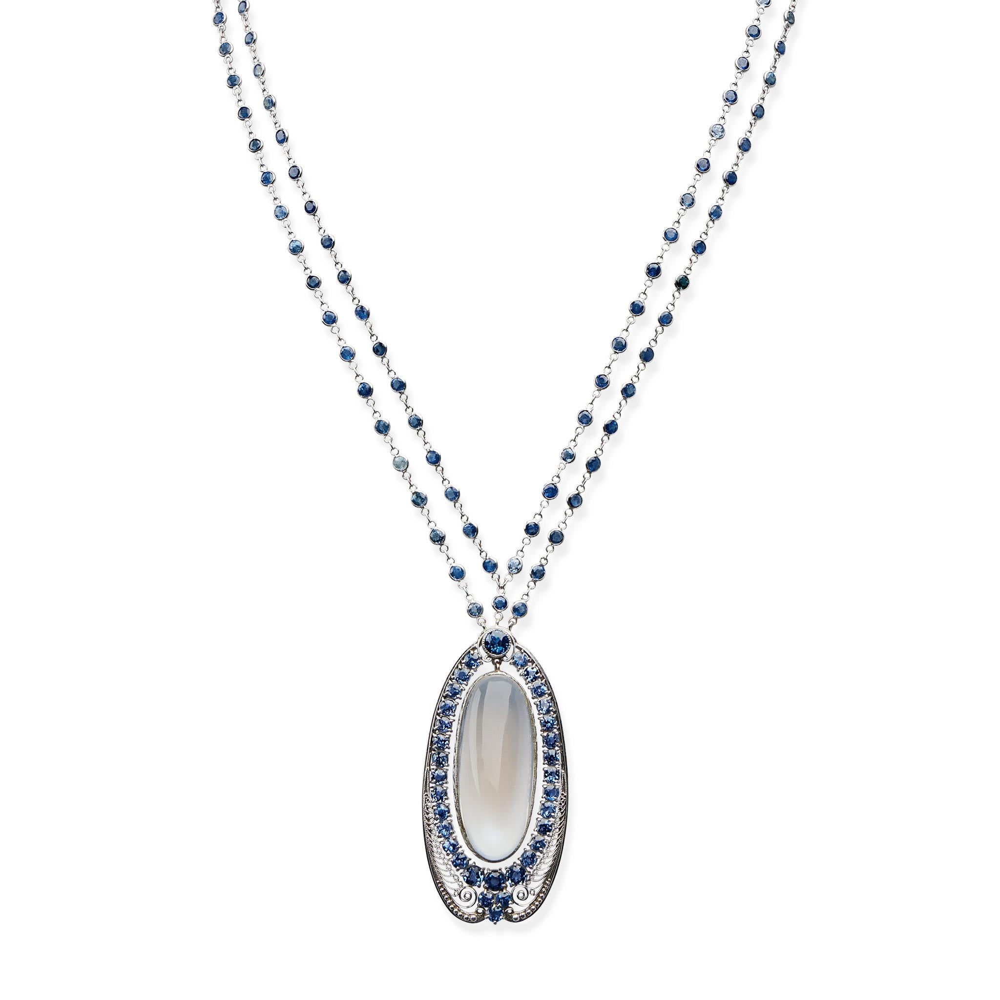 Art Nouveau Louis Comfort Tiffany Moonstone and Sapphire Pendant Necklace, Tiffany & Co. For Sale