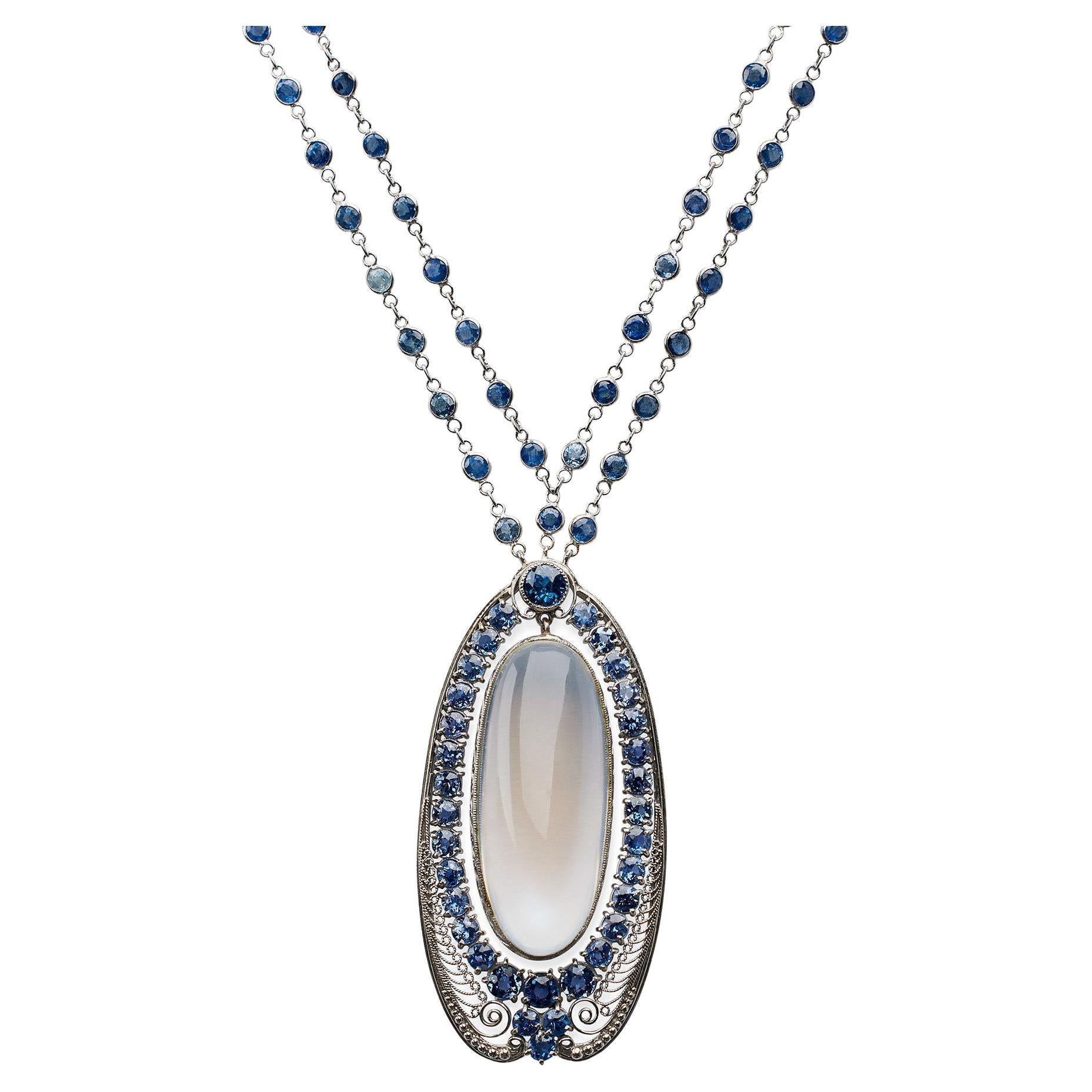 Louis Comfort Tiffany Moonstone and Sapphire Pendant Necklace, Tiffany & Co. For Sale