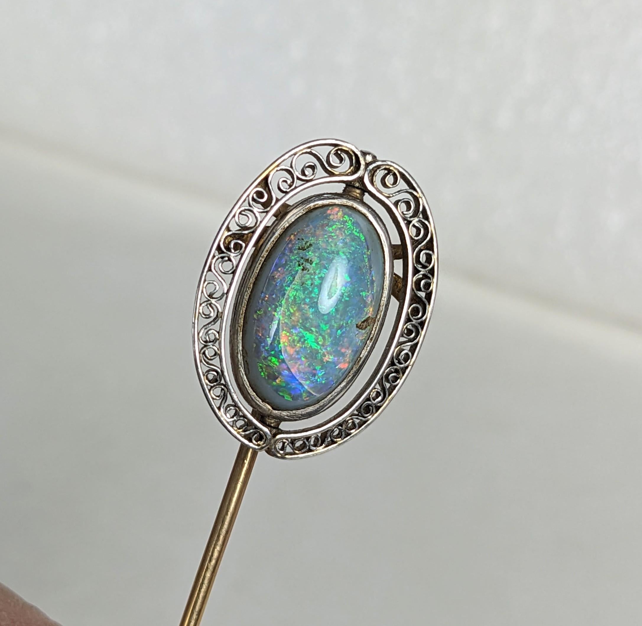 Artisan Louis Comfort Tiffany Opal and Filigree Stick Pin For Sale
