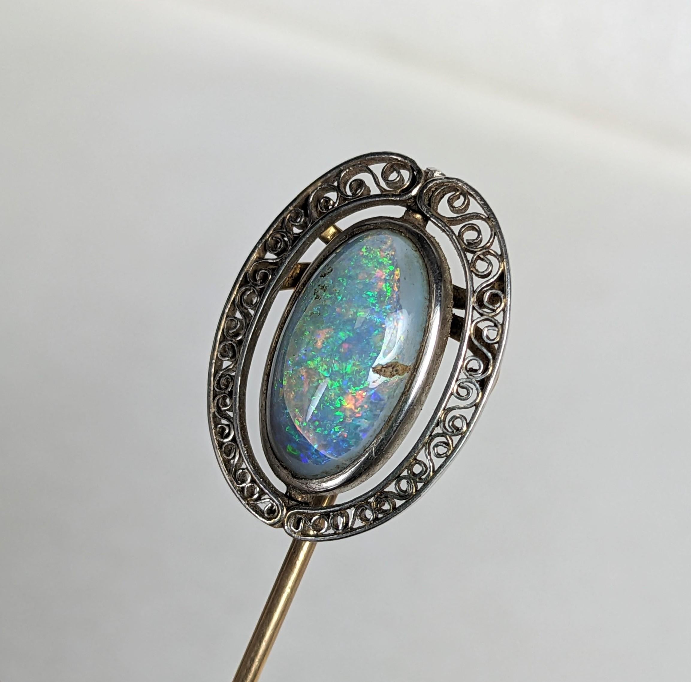 Cabochon Louis Comfort Tiffany Opal and Filigree Stick Pin For Sale