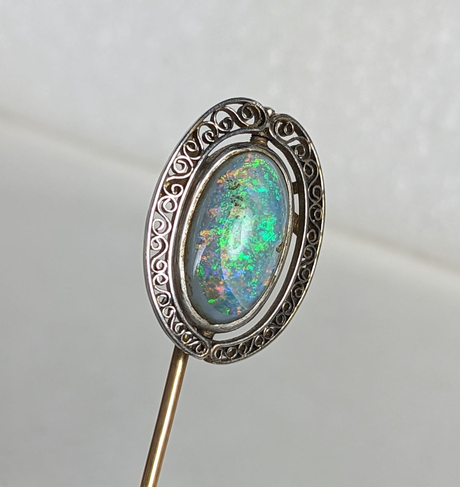 Louis Comfort Tiffany Opal and Filigree Stick Pin In Good Condition For Sale In Riverdale, NY