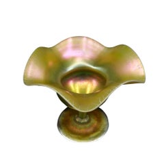 Louis Comfort Tiffany Opal & Green Feather Art Glass Footed Vase, circa 1910