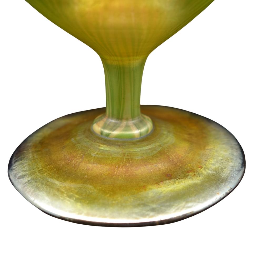 Louis Comfort Tiffany Opal & Green Feather Art Glass Footed Vase, circa 1910 In Good Condition In Cathedral City, CA