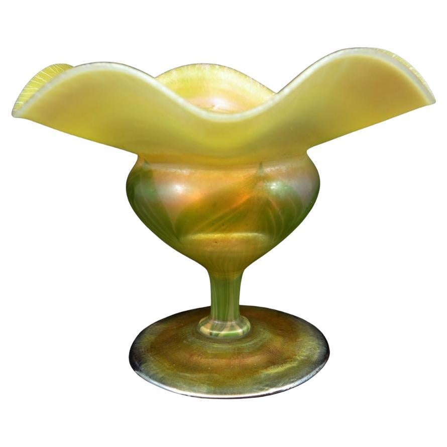 Louis Comfort Tiffany Opal & Green Feather Art Glass Footed Vase, circa 1910