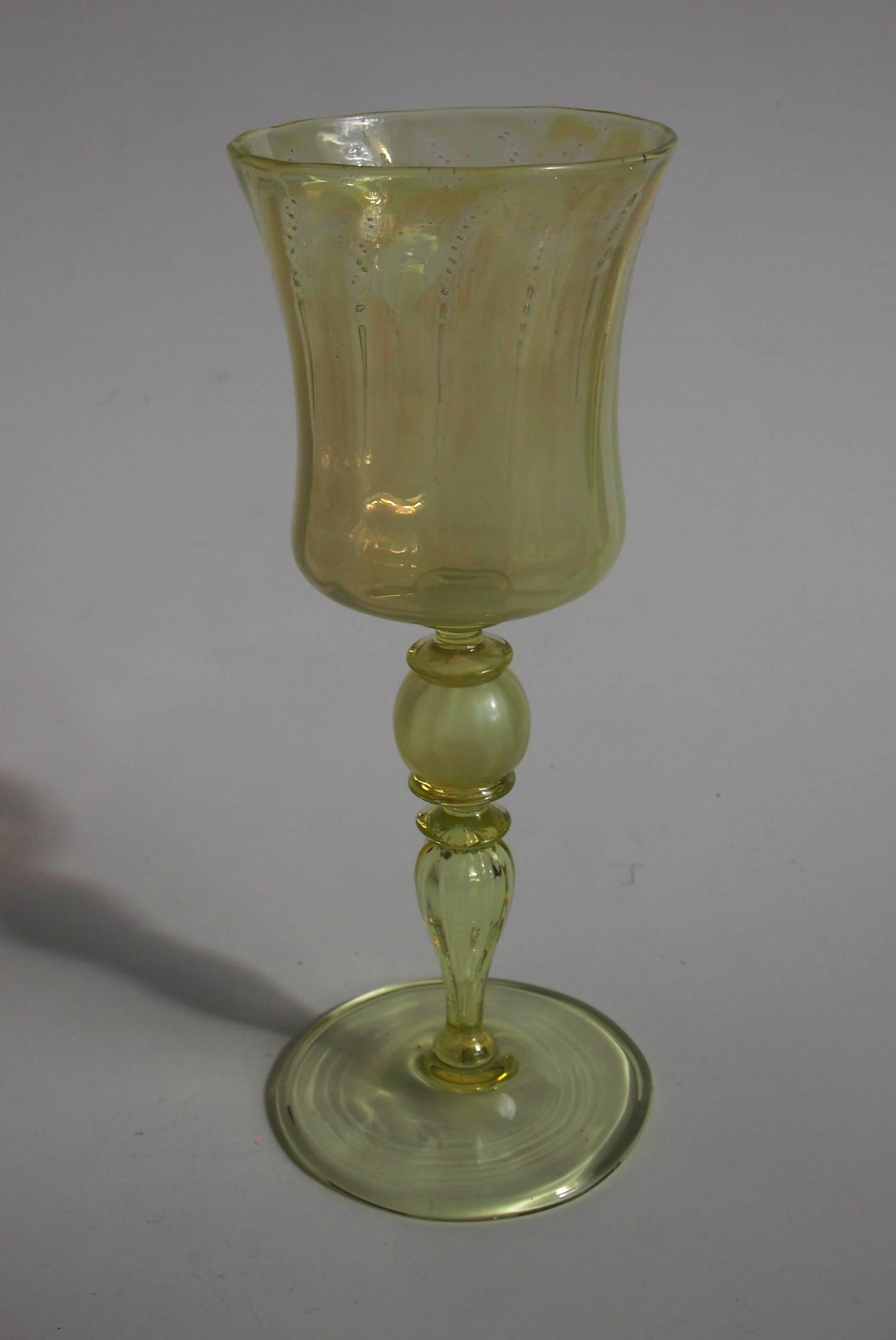 A very rare and important straw opal Louis Comfort Tiffany Favrile large wine glass. Beautifully signed 'L.C.Tiffany Favrile' -on the base at the tip of the stem See picture 6. Its rare to find such beautiful opalescence in Tiffany's work. With fine