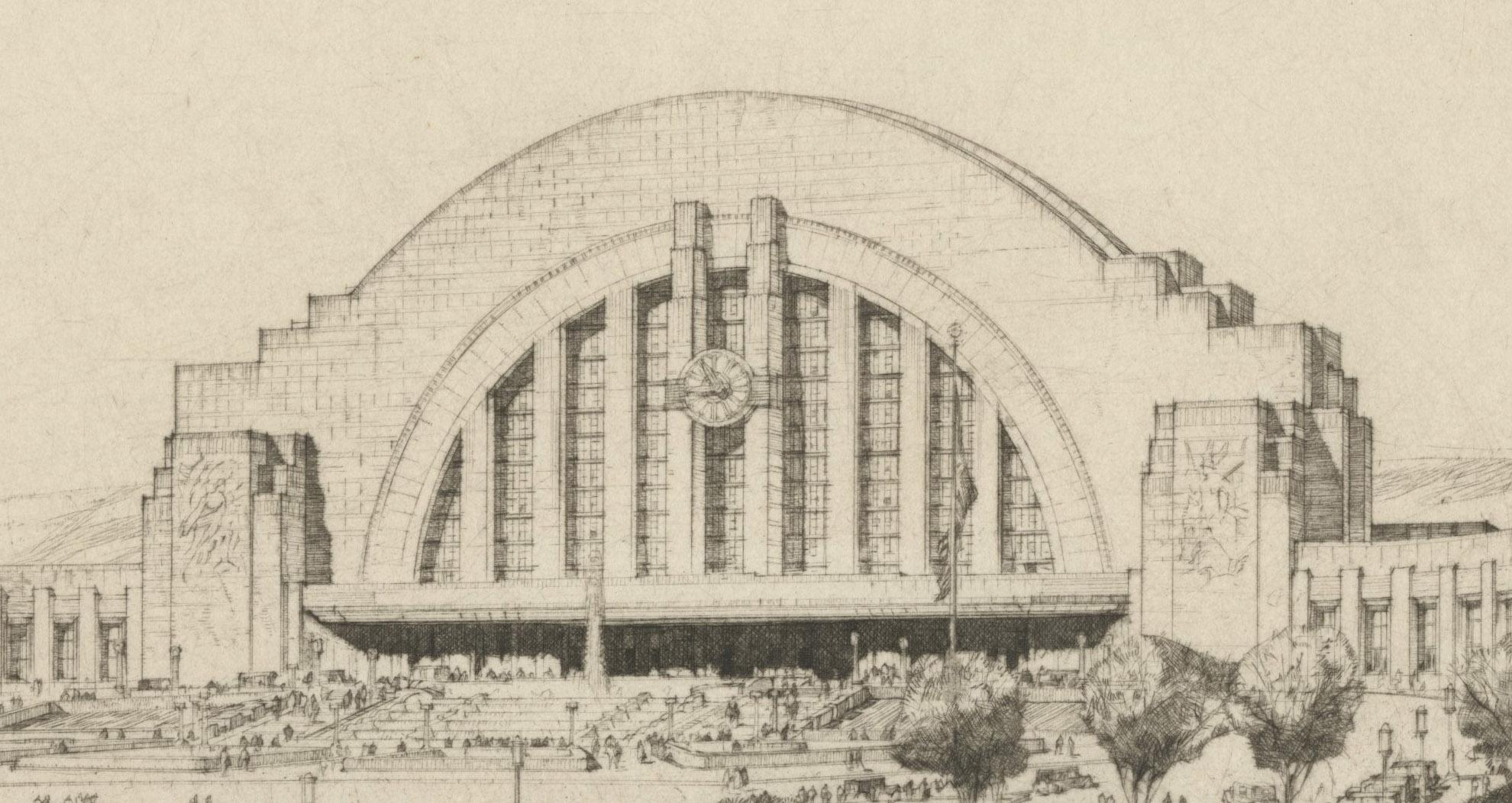 Cincinnati Union Terminal, Perspective From East - Print by Louis Conrad Rosenberg