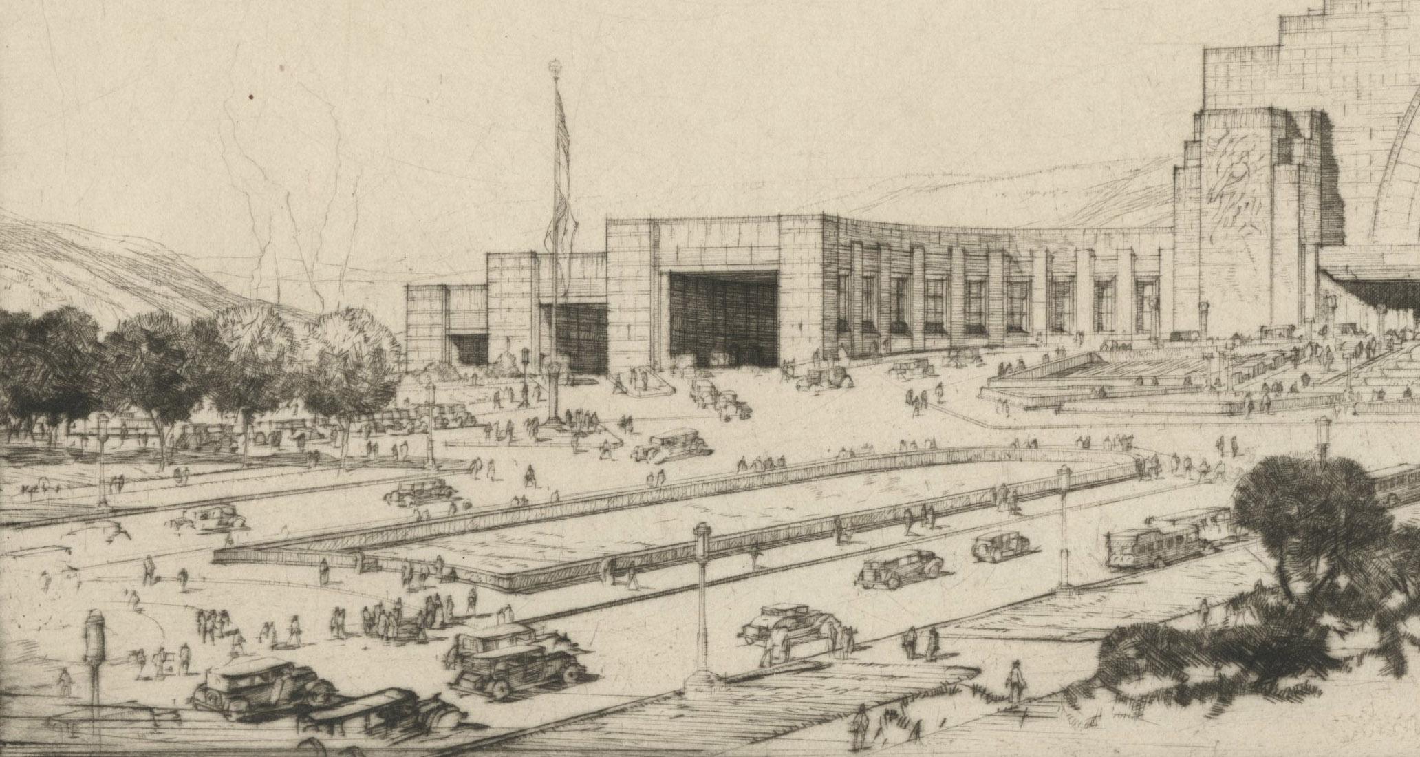Cincinnati Union Terminal, Ausblick auf den Osten (Amerikanische Moderne), Print, von Louis Conrad Rosenberg