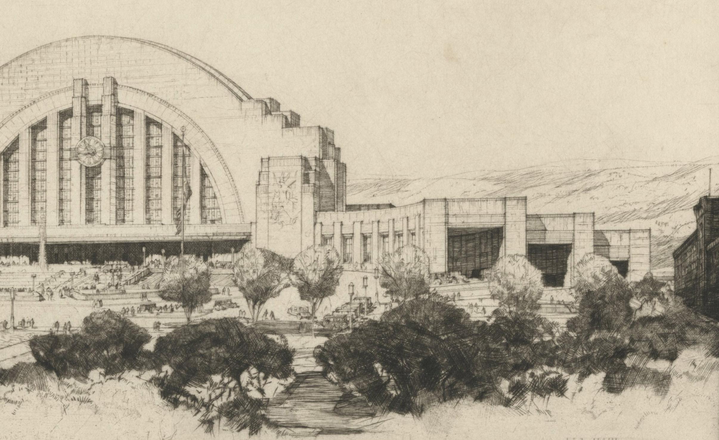 Cincinnati Union Terminal, Ausblick auf den Osten (Beige), Landscape Print, von Louis Conrad Rosenberg
